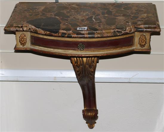 A 1960s marble top console table with drawer, W.52cm